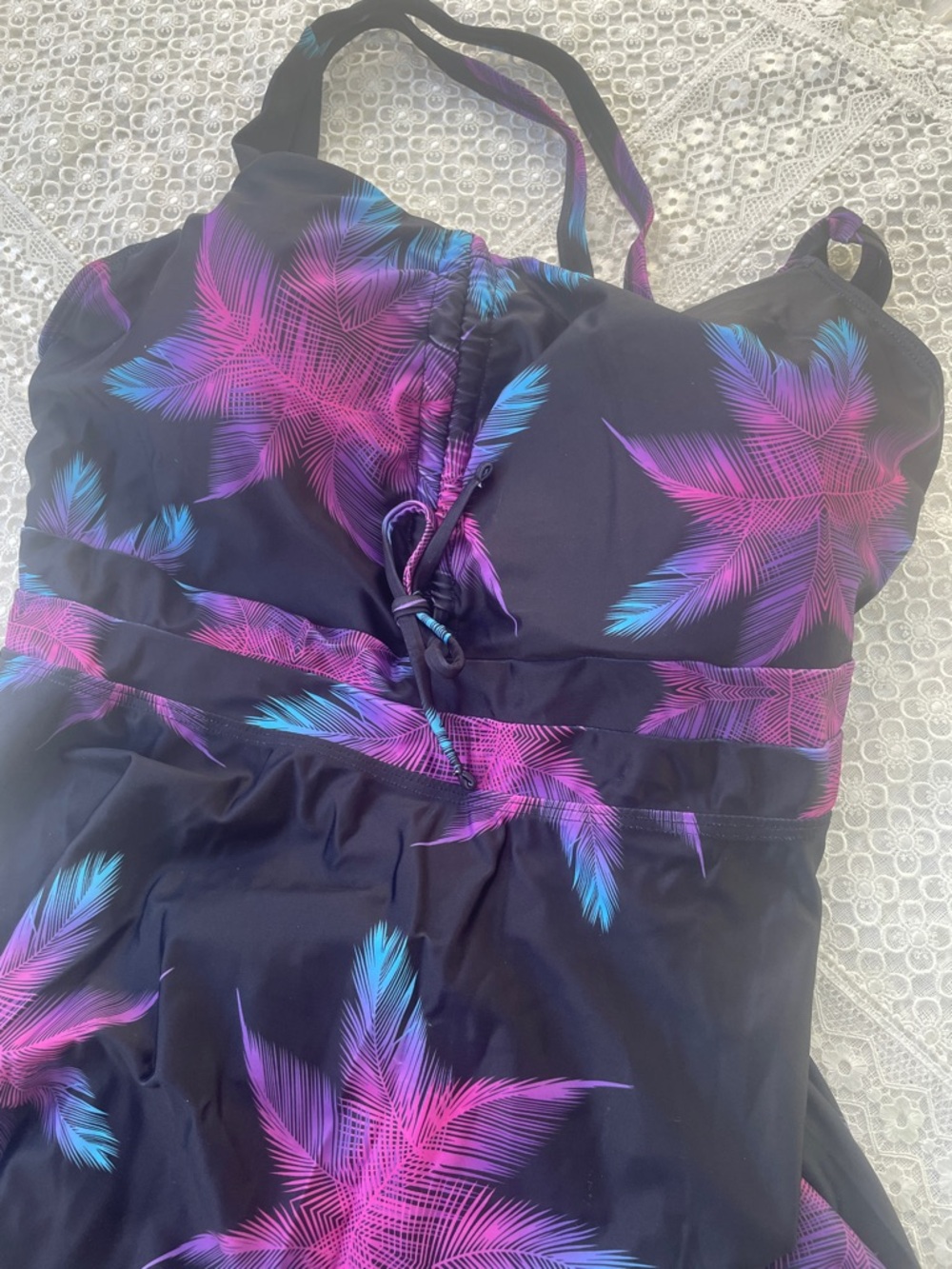 Black One-Piece Swimsuit with Pink & Blue Palm Print
